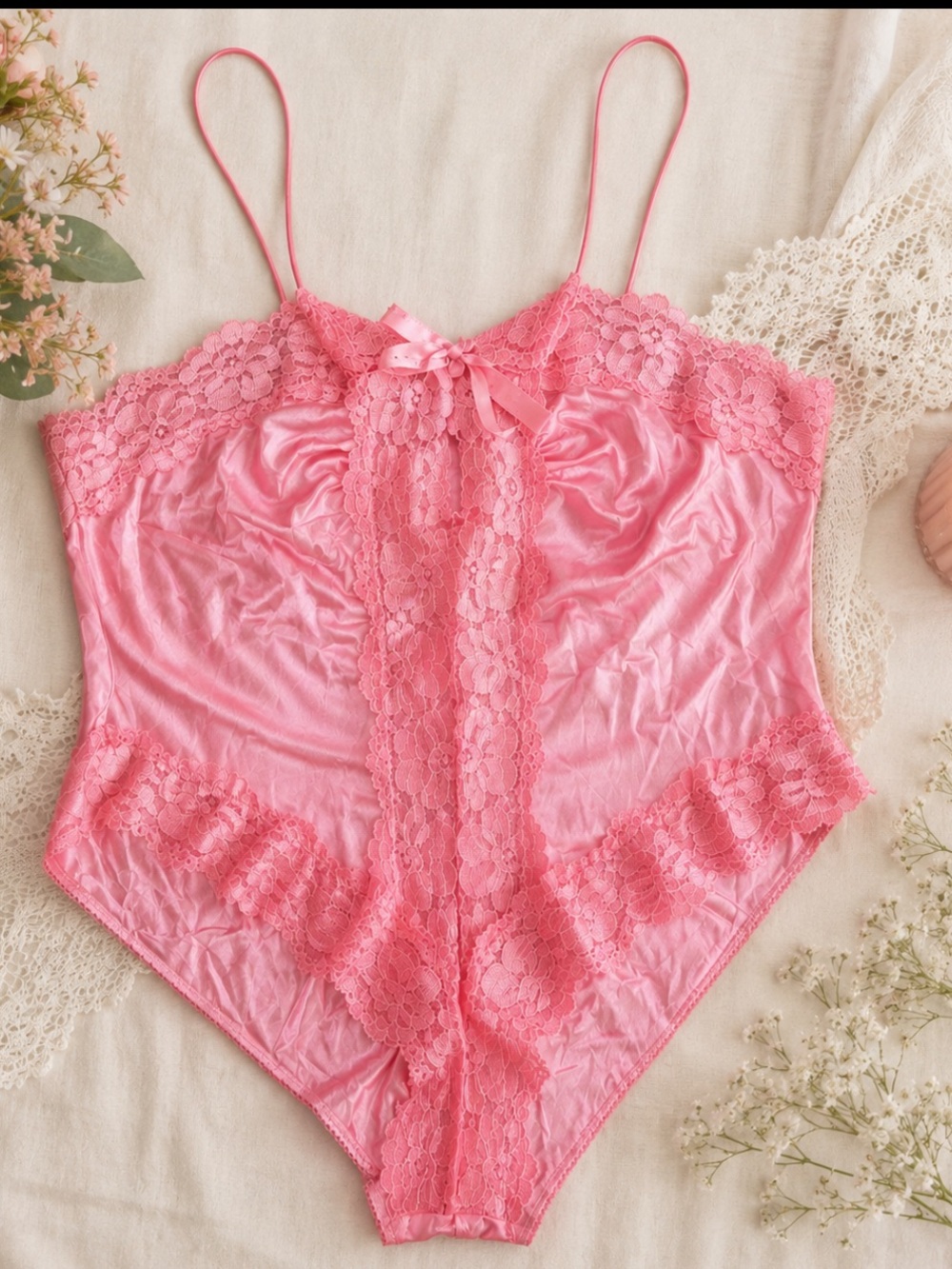 Vintage Alana Gale Pink Satin Lace Teddy Bodysuit Lingerie Size XL